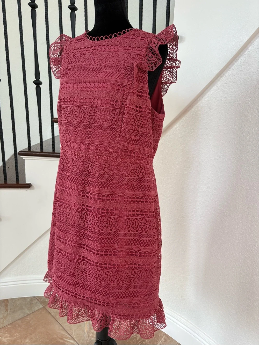 J. Crew Rose-Red Lace Midi Dress with Ruffle Hem